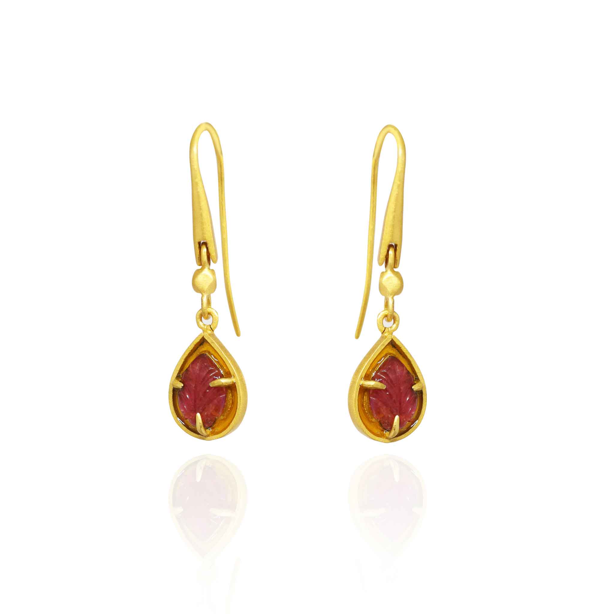 Dark pink leaf tourmalines with golden enamel border small earrings